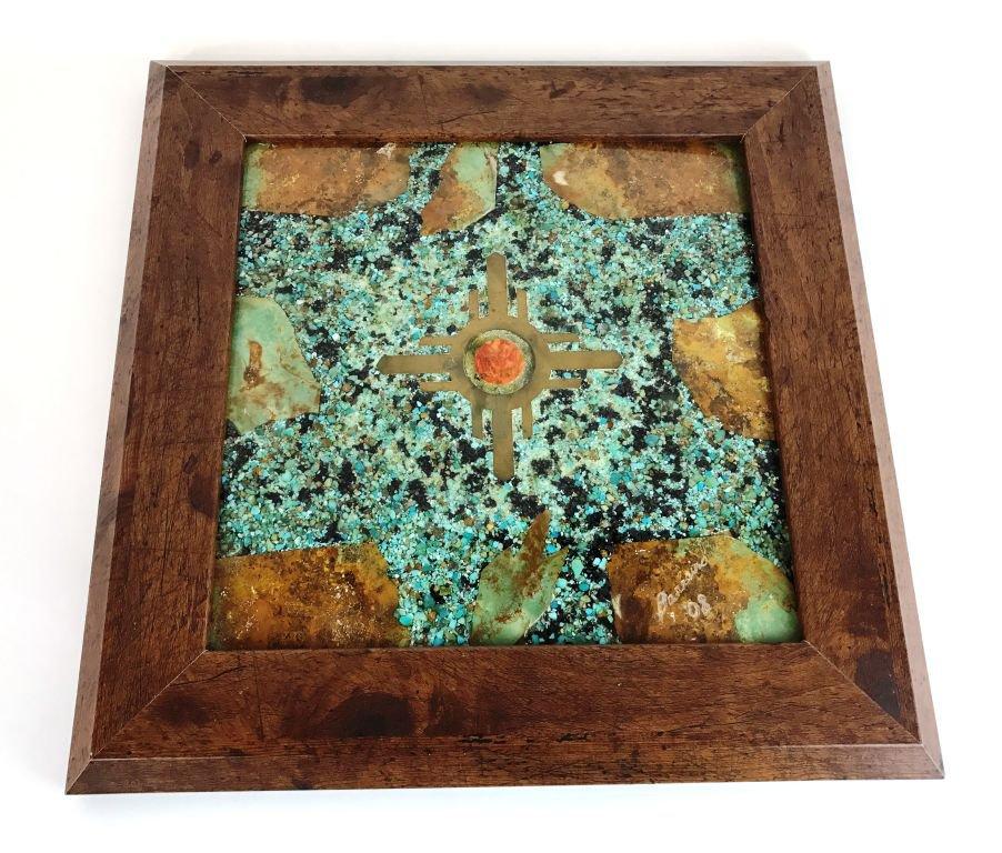 Original Turquoise, Gemstone, Stone and Brass Framed Art Signed "Barreiro 2008"