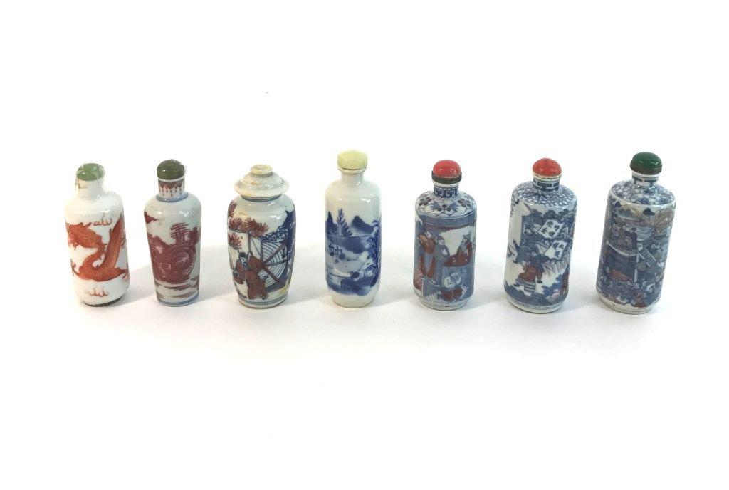 Collection of 7 Antique Oriental Asian Ceramic Blue and Red Glazed Snuff Bottles