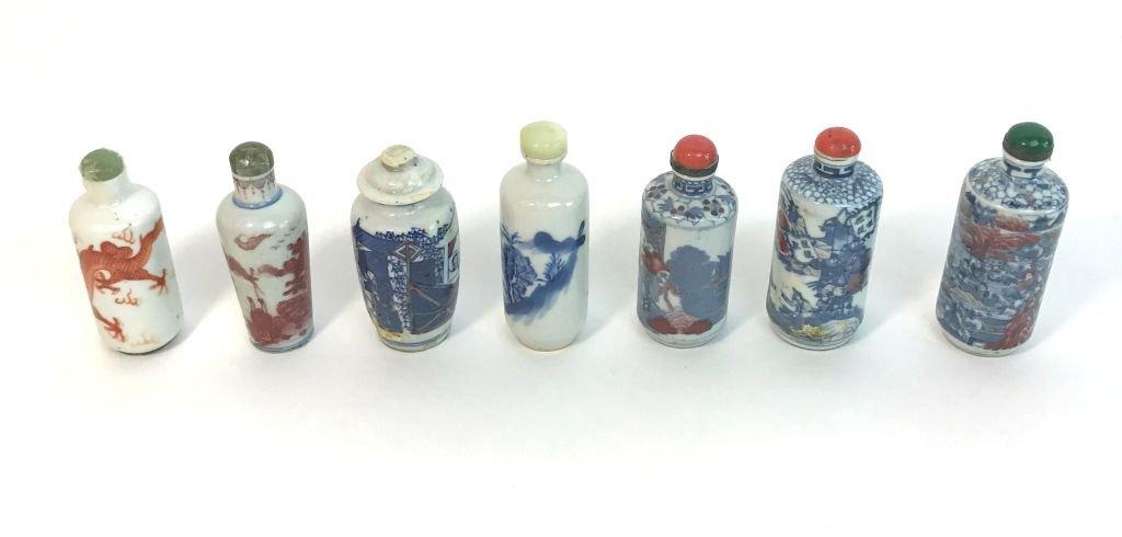 Collection of 7 Antique Oriental Asian Ceramic Blue and Red Glazed Snuff Bottles