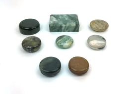 Collection of 8 Antique Oriental Asian Jade Stone Boxes and Disc Paper Weight