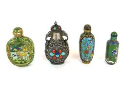 Collection of 4 Antique Oriental Asian Cloisonne and Metal Snuff Bottles