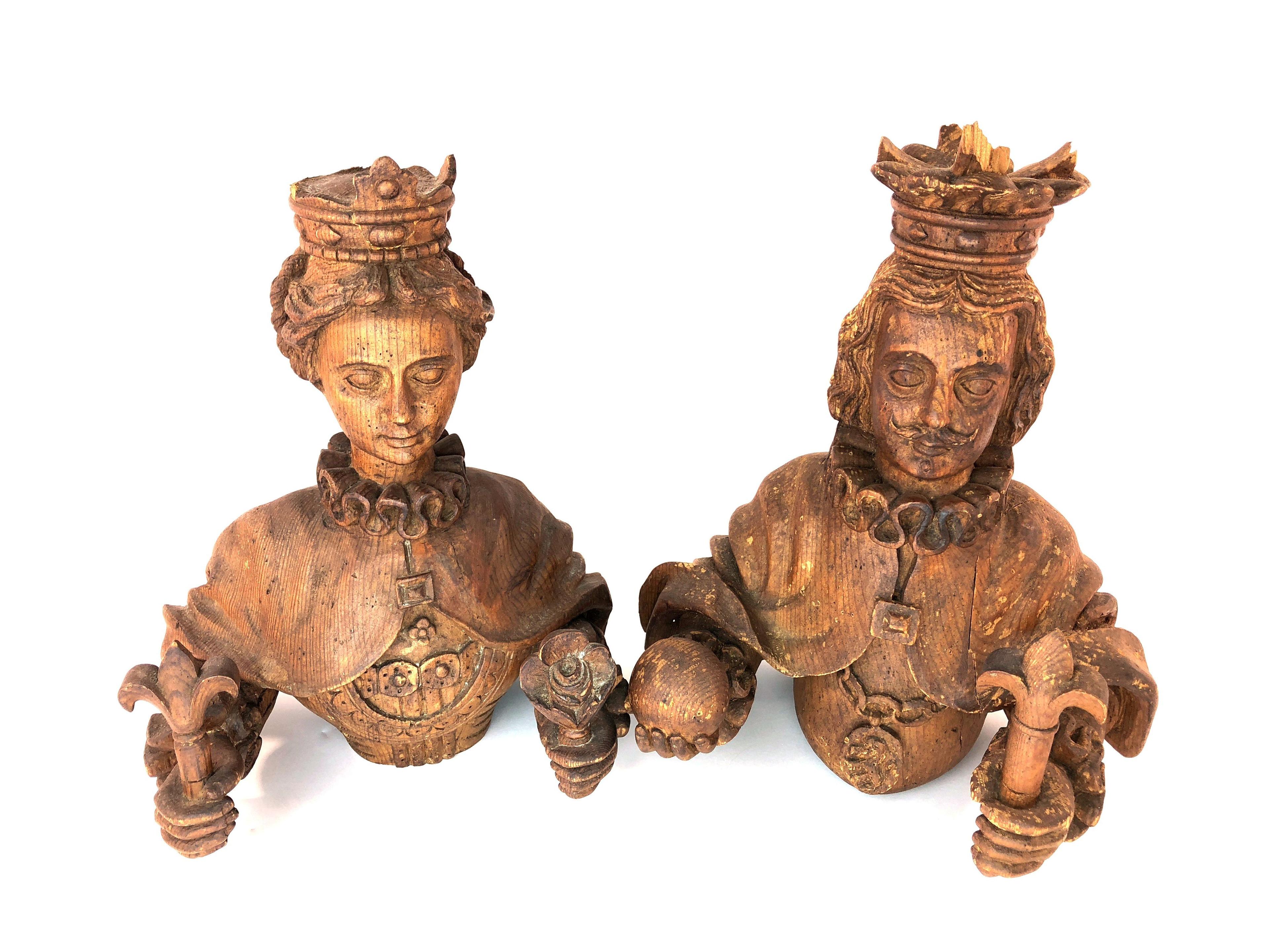 Intricately Carved French Royalty King & Queen Busts Sculptures