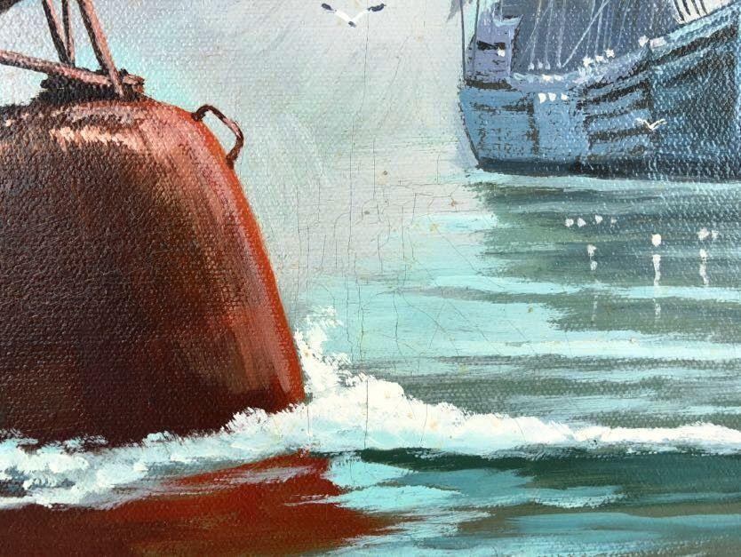 Vintage Nautical Captain, Ships, Bouy #4, Oil on Canvas Signed Billy Wilder