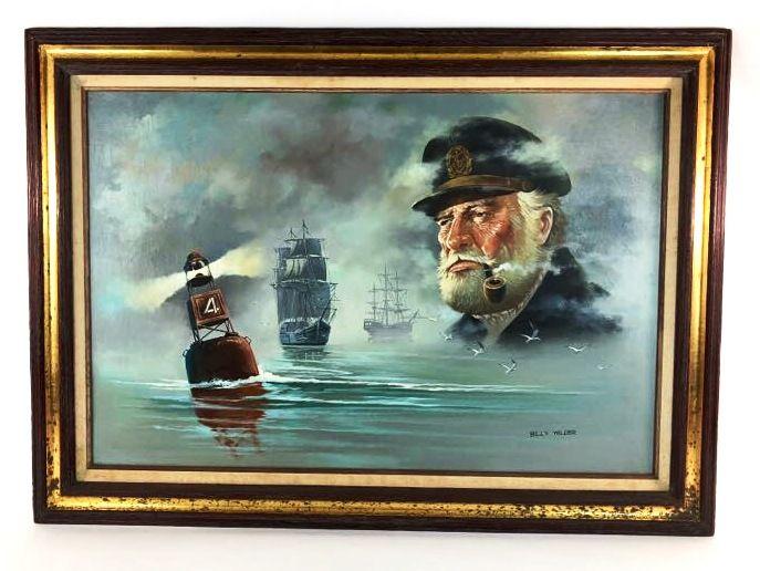 Vintage Nautical Captain, Ships, Bouy #4, Oil on Canvas Signed Billy Wilder