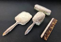 4 Pc. Silver Vanity Set with Mirror, Brushes, & Comb, .800 Silver & Sterling