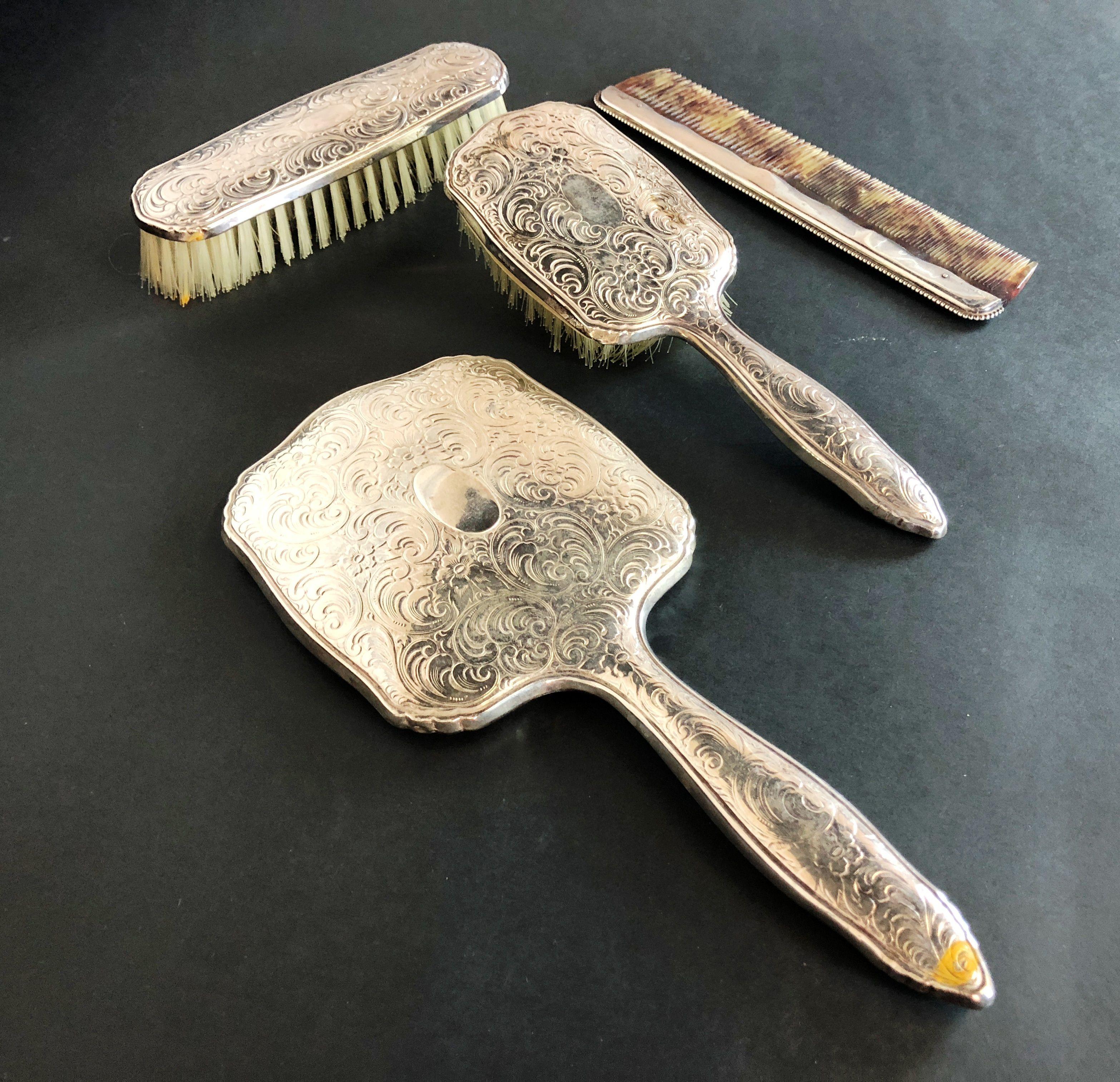 4 Pc. Silver Vanity Set with Mirror, Brushes, & Comb, .800 Silver & Sterling