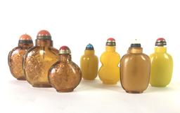 Collection of 8 Antique Oriental Asian Carved Stone and Glass Snuff Bottles