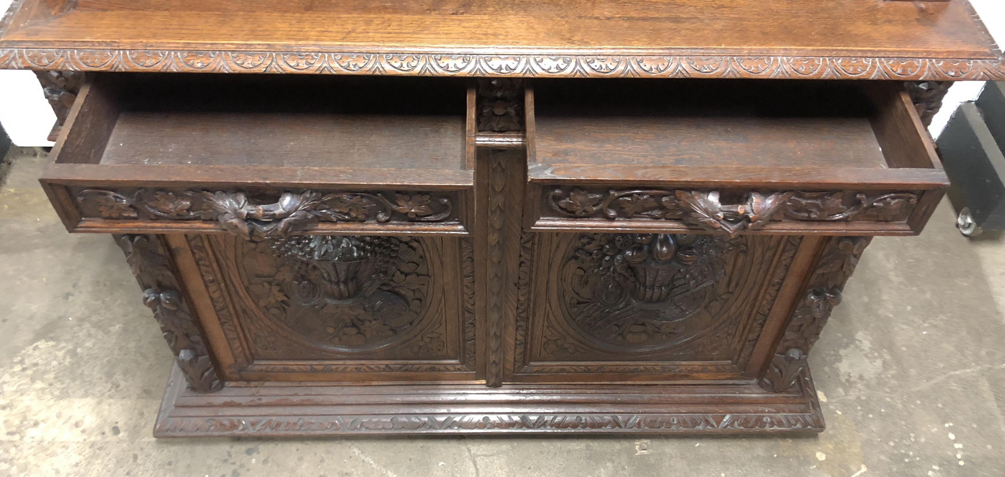 Antique Carved Sideboard Buffet w/ Stained Glass Doors