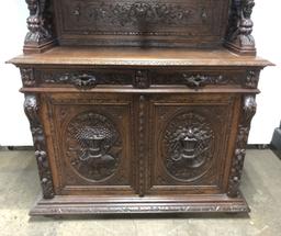 Antique Carved Sideboard Buffet w/ Stained Glass Doors