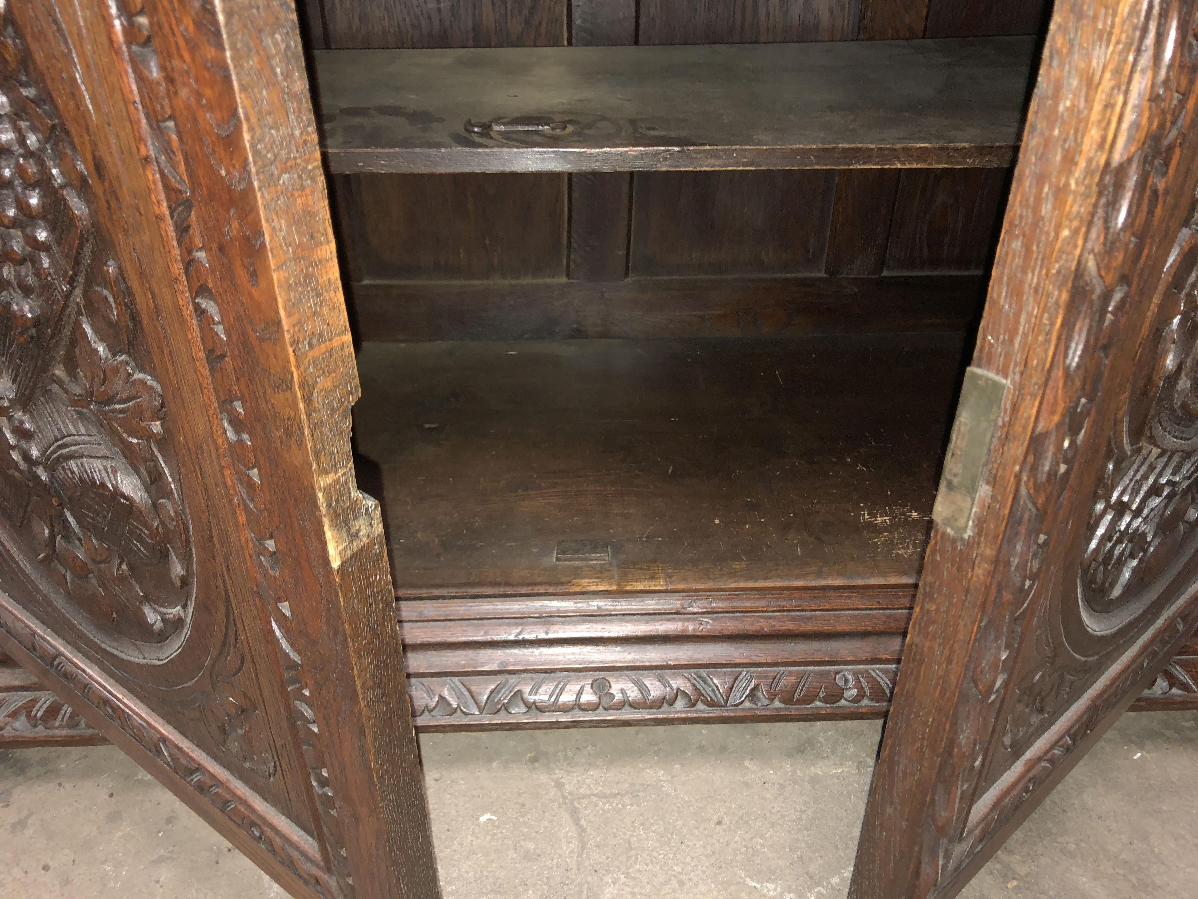 Antique Carved Sideboard Buffet w/ Stained Glass Doors