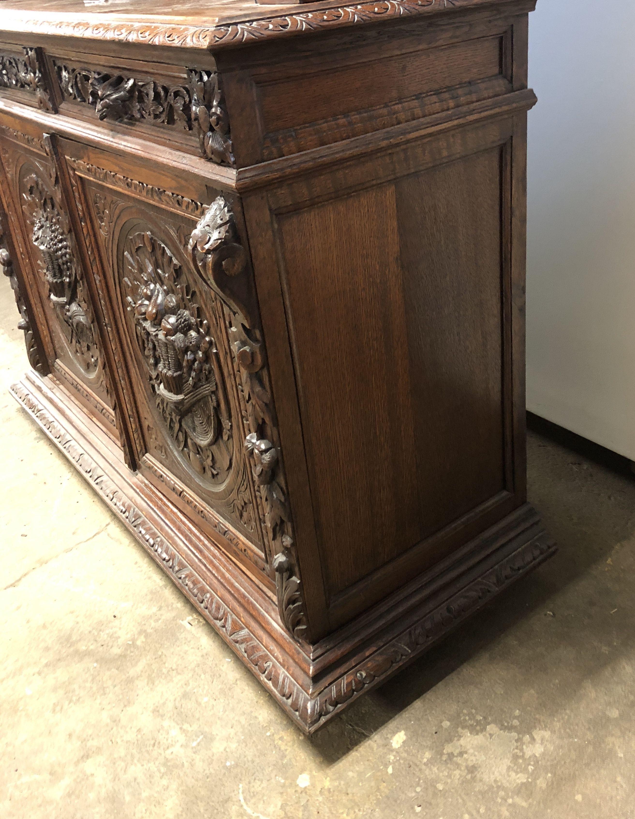 Antique Carved Sideboard Buffet w/ Stained Glass Doors