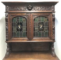 Antique Carved Sideboard Buffet w/ Stained Glass Doors