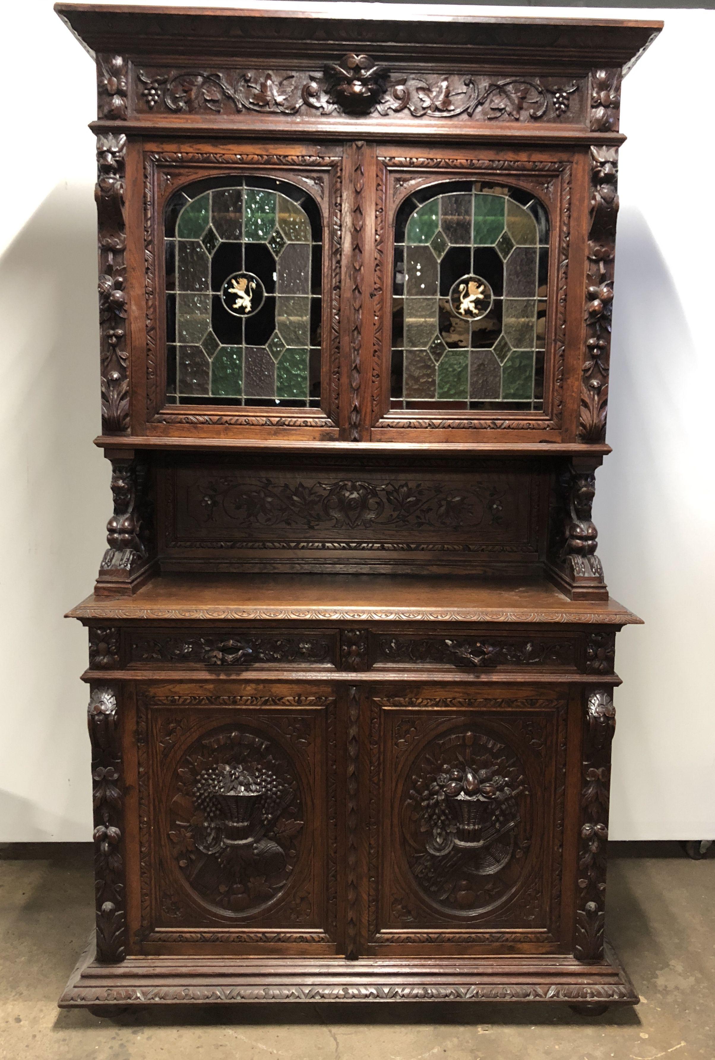 Antique Carved Sideboard Buffet w/ Stained Glass Doors