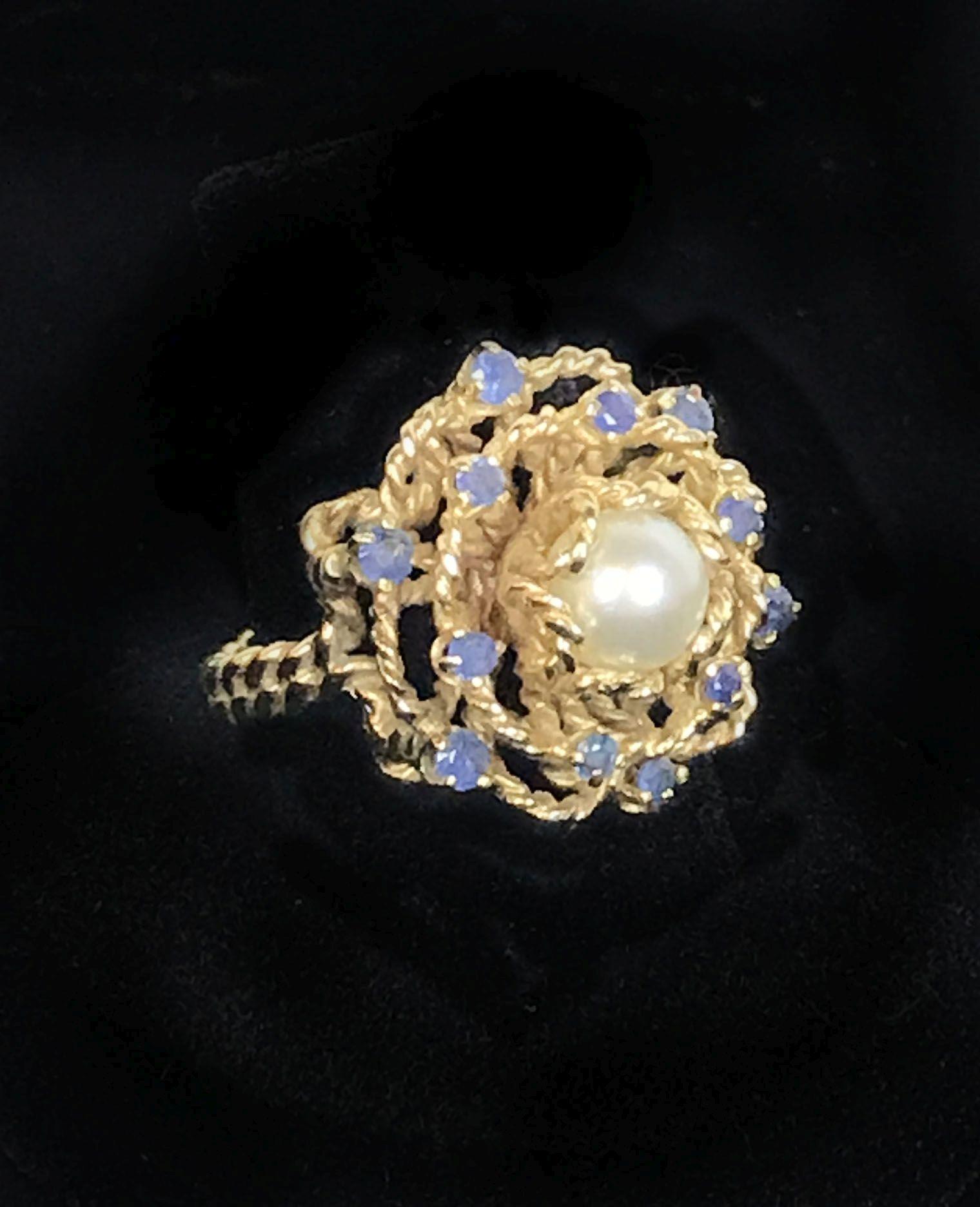 14KT Yellow Gold Pearl/Sapphire Ring and Aqua Marine Colored Earrings