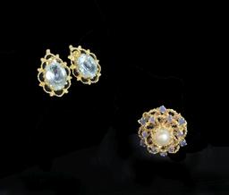 14KT Yellow Gold Pearl/Sapphire Ring and Aqua Marine Colored Earrings