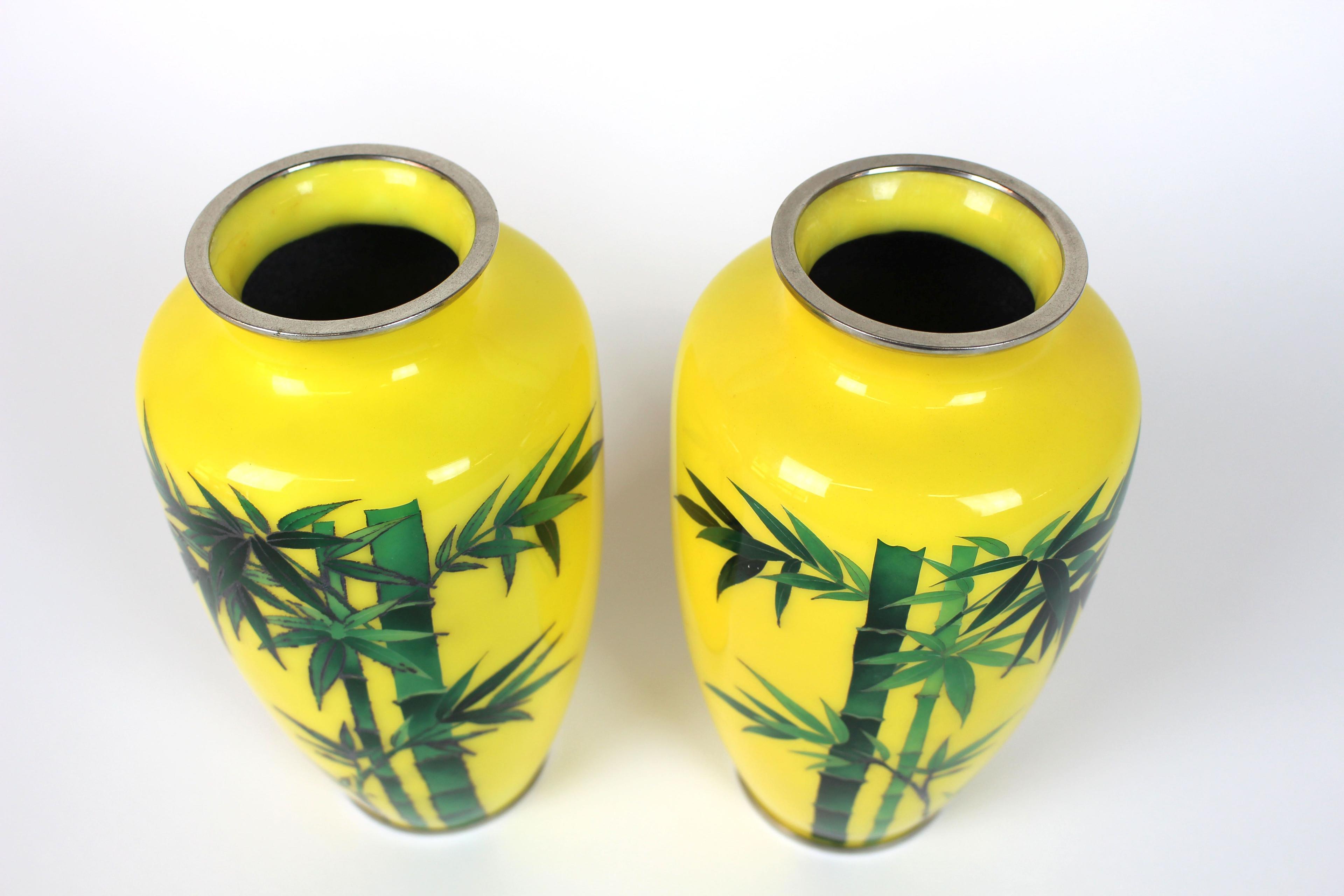 Pair of Vintage Asian Enamel Yellow Vases with Bamboo Design