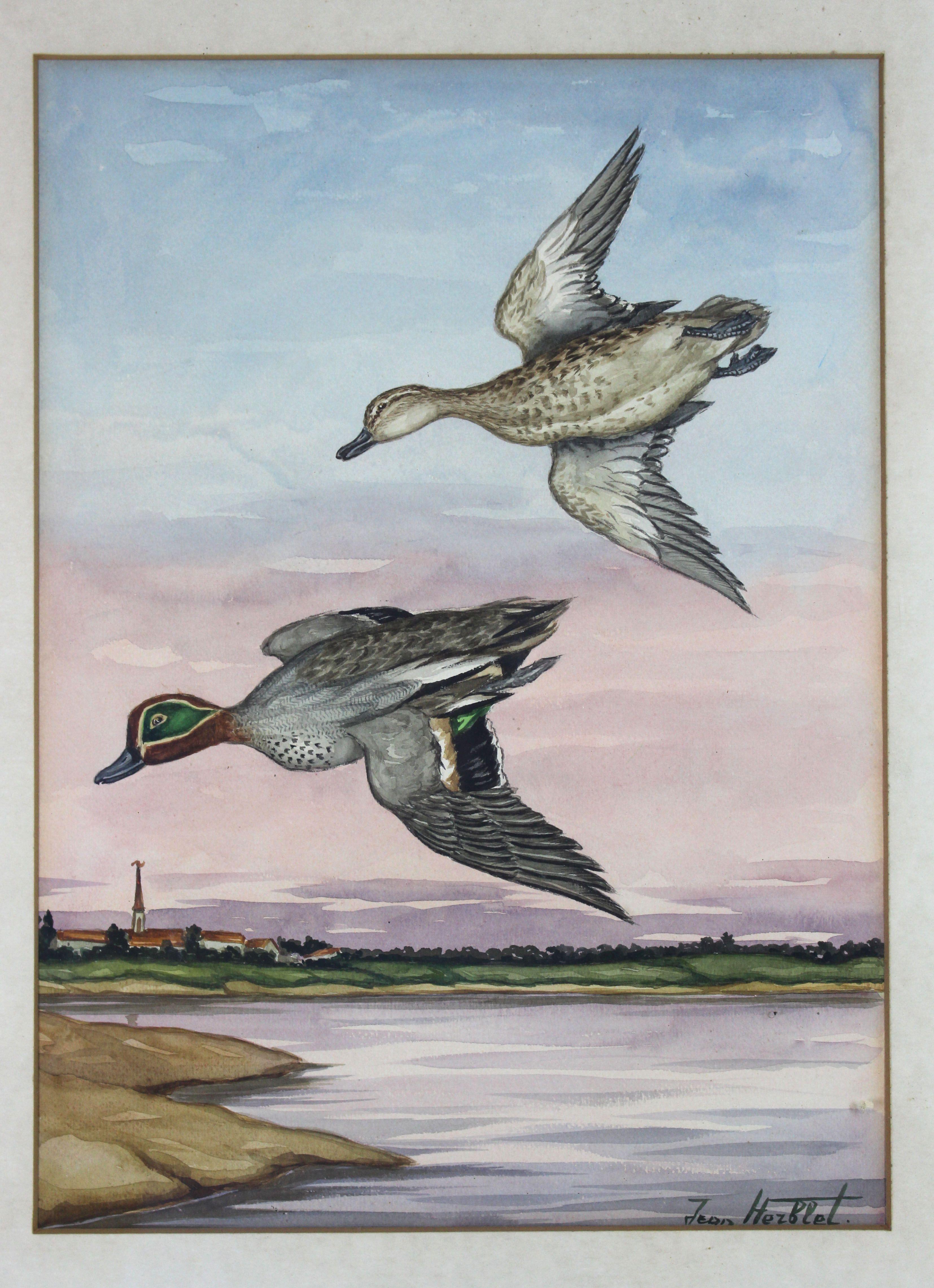 Jean Herblet (Hezblet 1893-1985, Russian/French) Original Watercolor "Ducks"