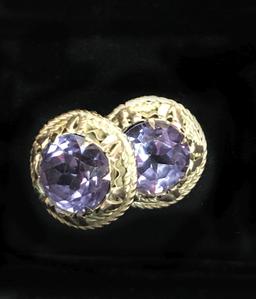 14KT Yellow Gold Earrings and Rose Gold Colored Bracelet with Blue/Purple Tanzanite Colored Stones