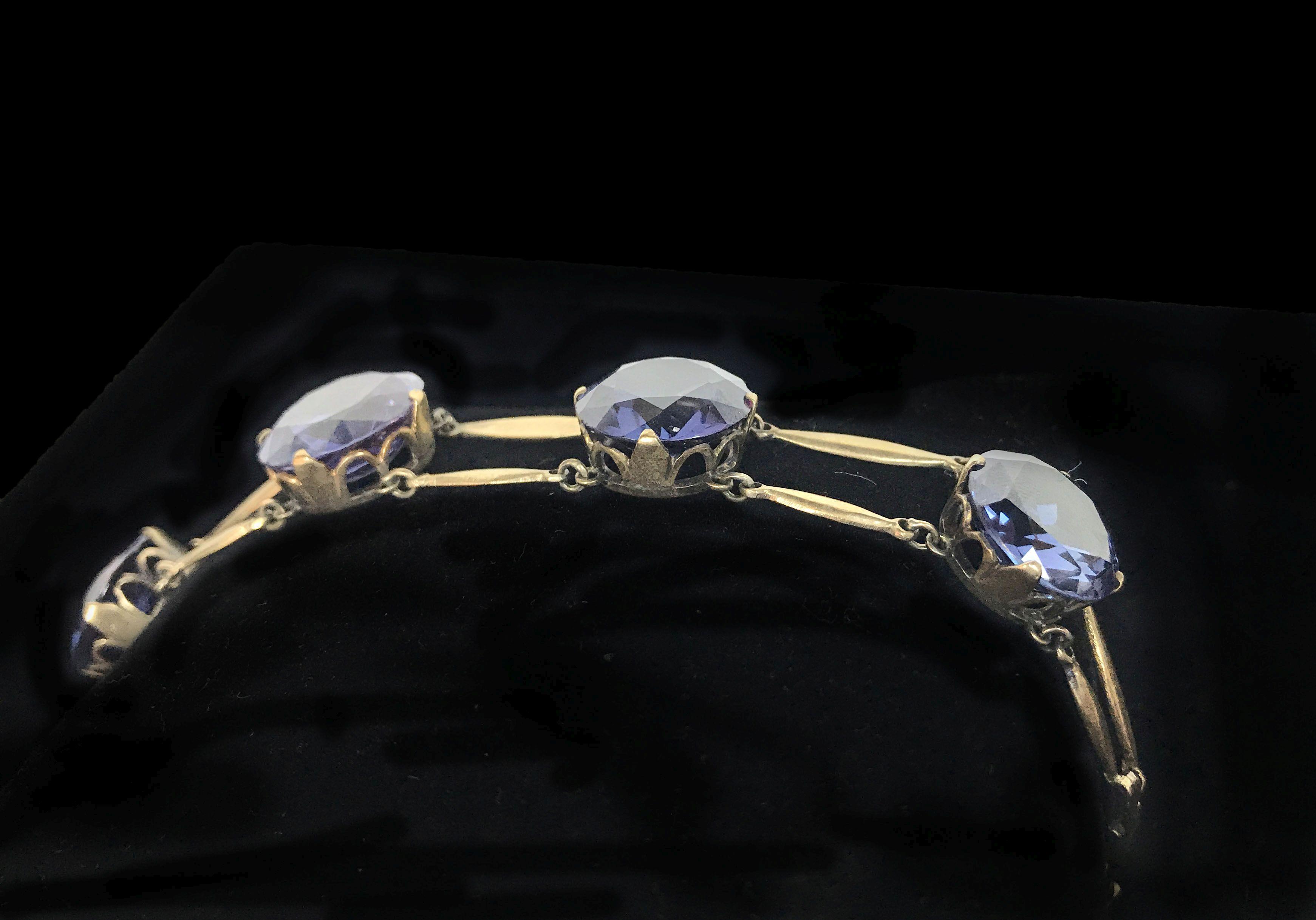 14KT Yellow Gold Earrings and Rose Gold Colored Bracelet with Blue/Purple Tanzanite Colored Stones
