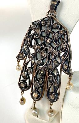 Vintage Tribal Indian Sterling Silver Hand Pendant with Pearls and Rough Cut Diamonds