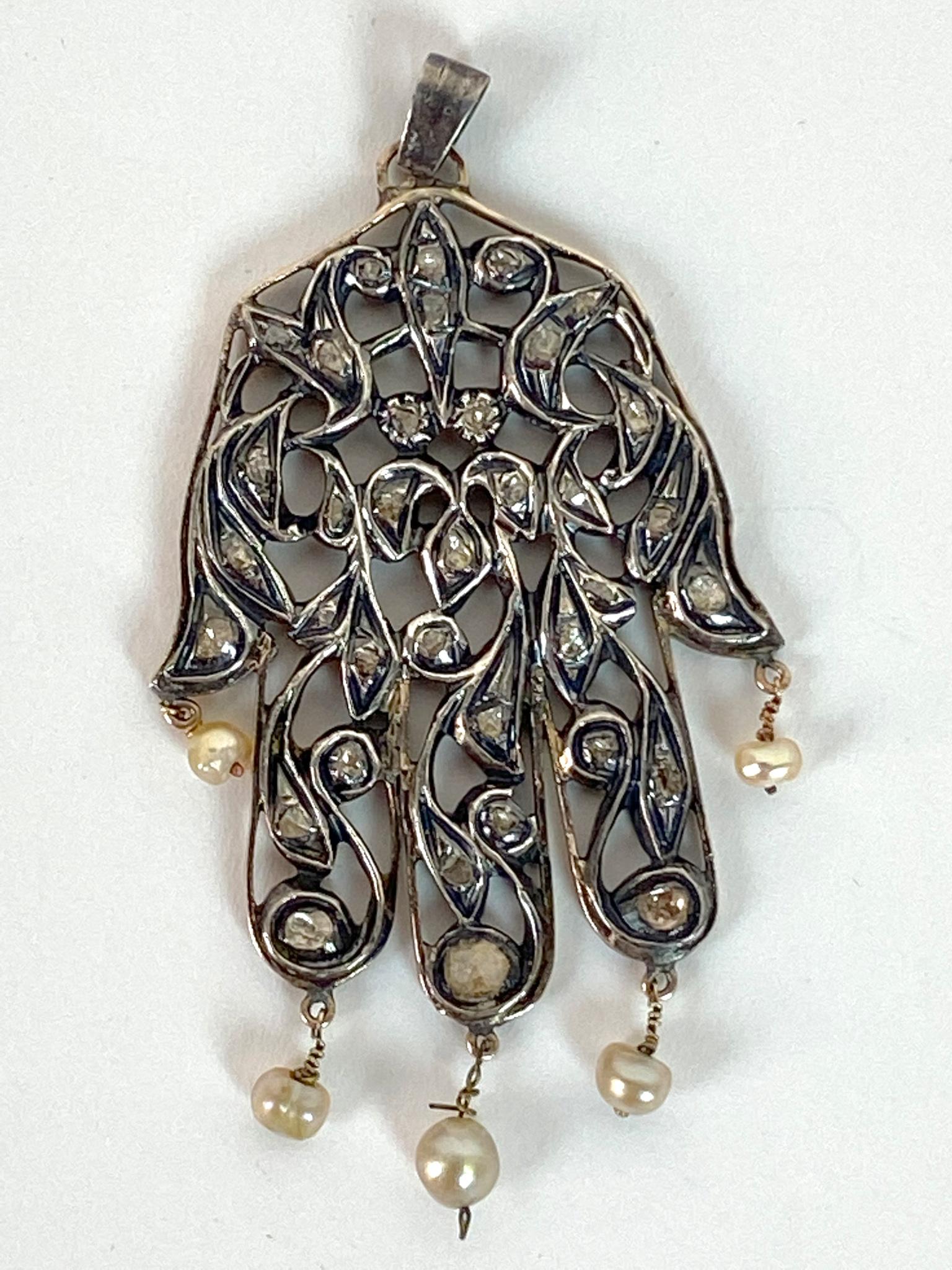 Vintage Tribal Indian Sterling Silver Hand Pendant with Pearls and Rough Cut Diamonds
