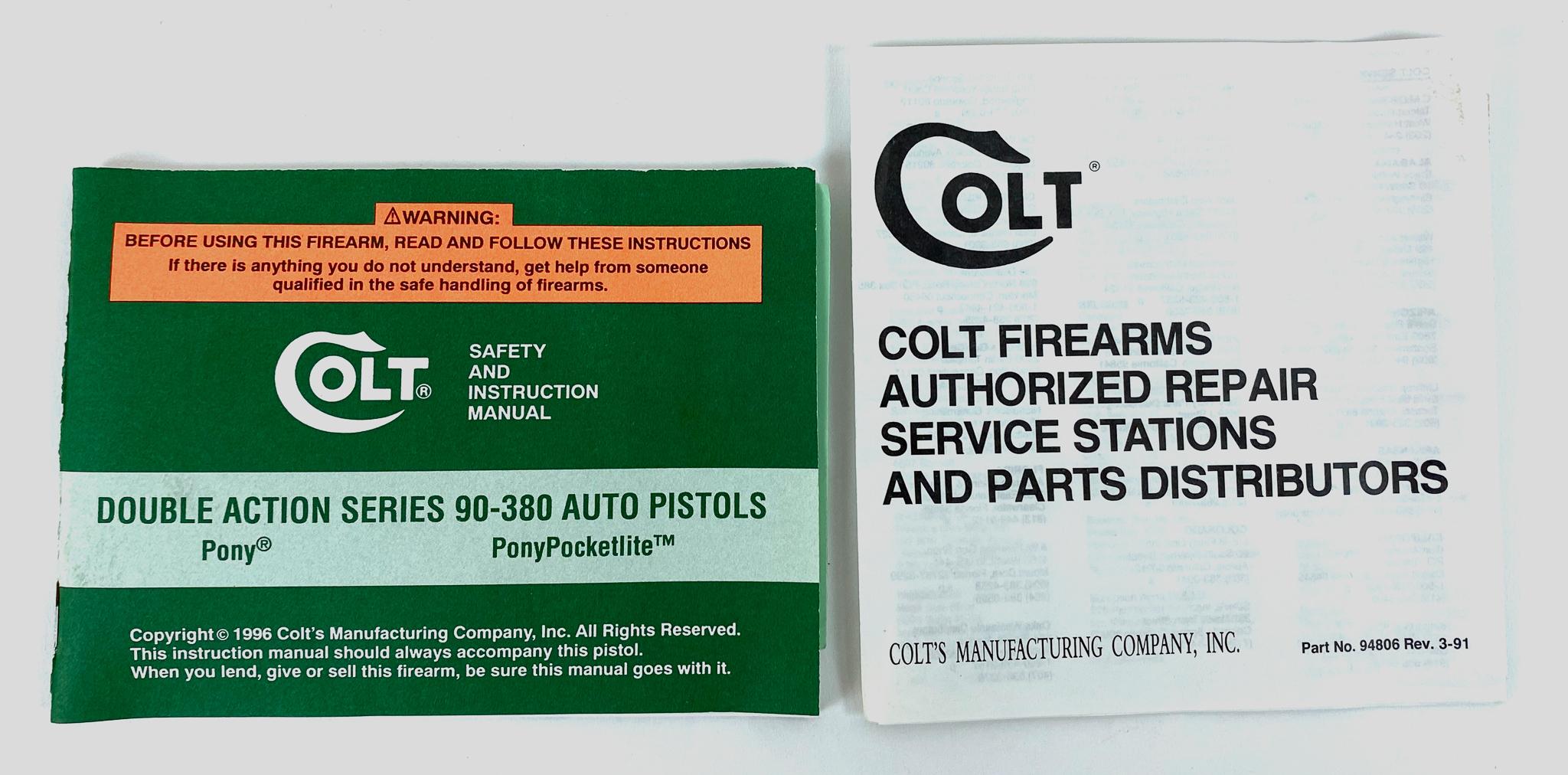 Colt .380 Auto Pony Pocket light Pistol Serial NR01340 with Box and Paperwork