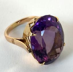 Large Faceted Oval Amethyst/Tourmaline Colored Ring Set in 14KT Yellow Gold;