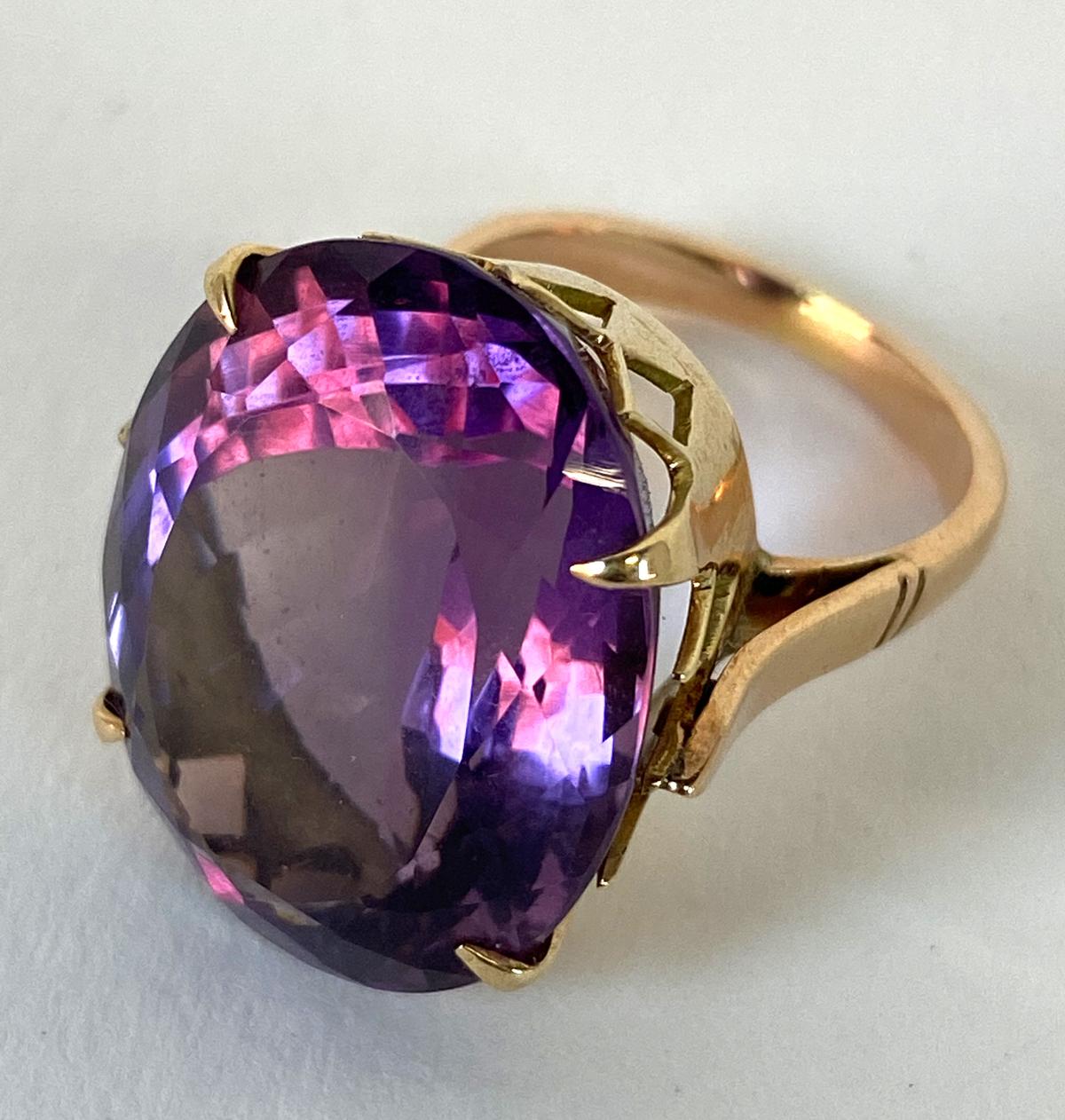 Large Faceted Oval Amethyst/Tourmaline Colored Ring Set in 14KT Yellow Gold;