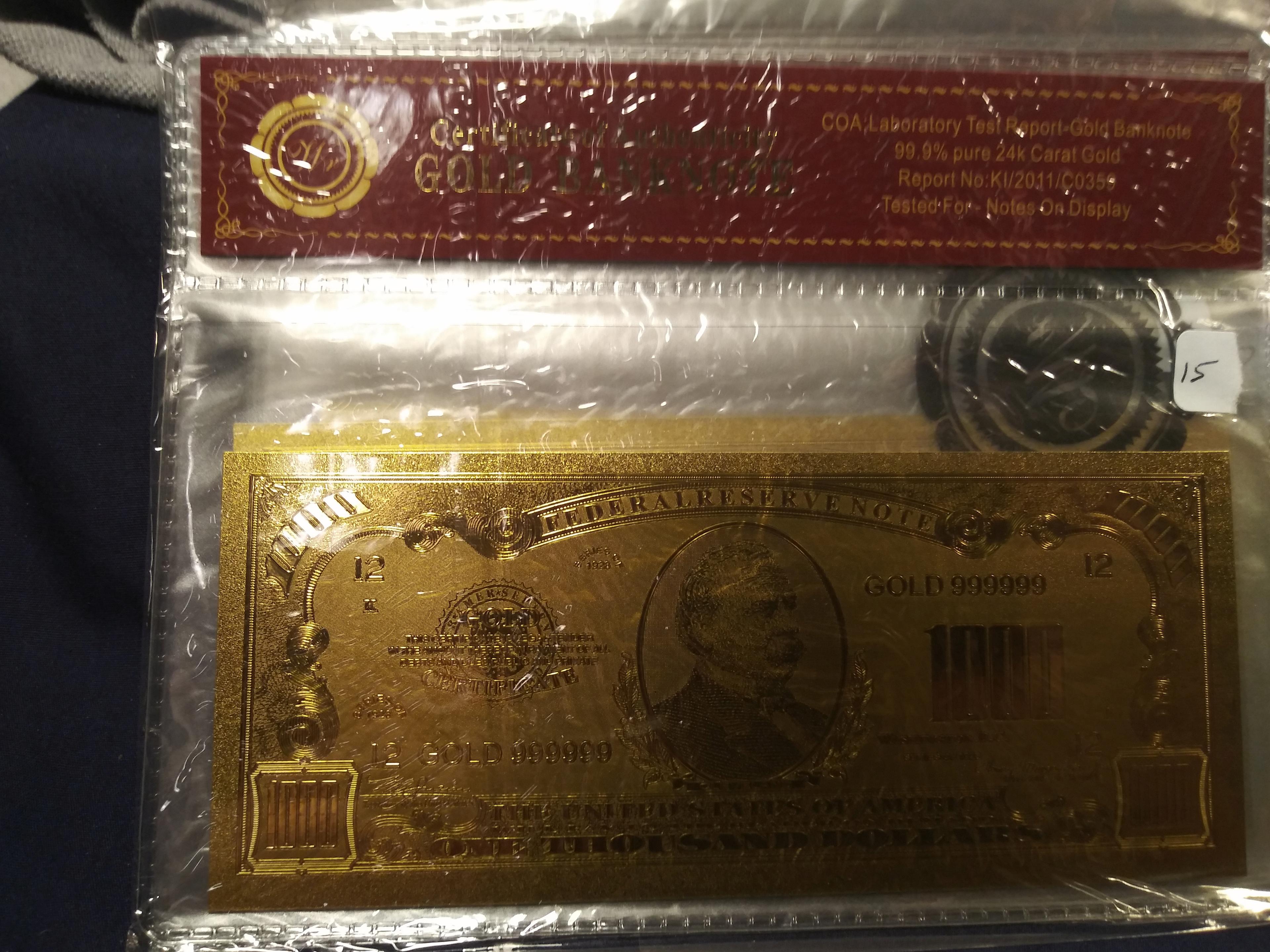 99.98 Pure 24k Gold Select $50/$500/$1000/$5000/$10,000 Banknote w/ C of A