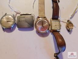 4 Watches and Buckle (1) Elkin sportsman 17 Jewel (1) Bulova 10k Rolled Gold Plate Case (1) Waltham