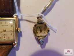 4 Watches and Buckle (1) Elkin sportsman 17 Jewel (1) Bulova 10k Rolled Gold Plate Case (1) Waltham