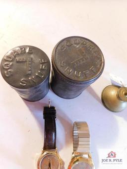 2 Square Snuff Can's (1) Small Oil Can (1) Watch USA Quarter (1) WV Basket Ball