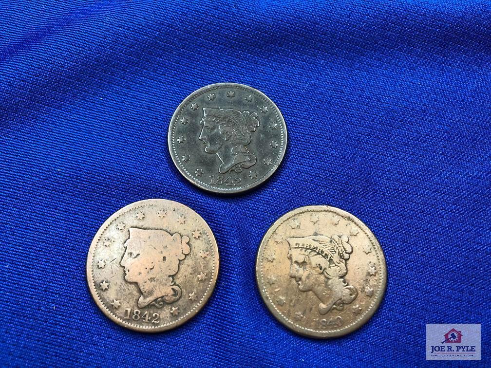 THREE US ONE CENT COINS: 1840, (2) 1842