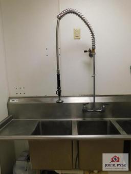 Triple Bowl Stainless Steel Rinse Station with Sprayer and Auto Dose Disinfecting Station 66x37x19