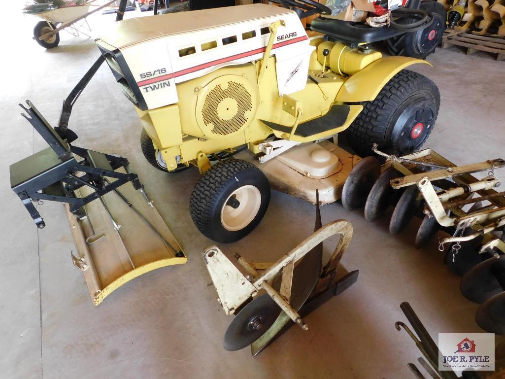 1972 Sears Lawn Tractor SS16 with 42 Inch Mower with Accessories for Tractor: 10 Inch Plow, Disc