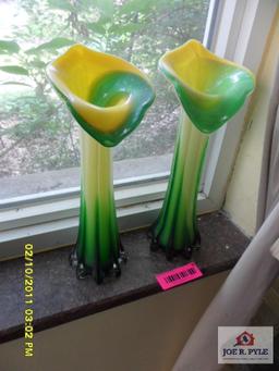 Pair of green and yellow vases