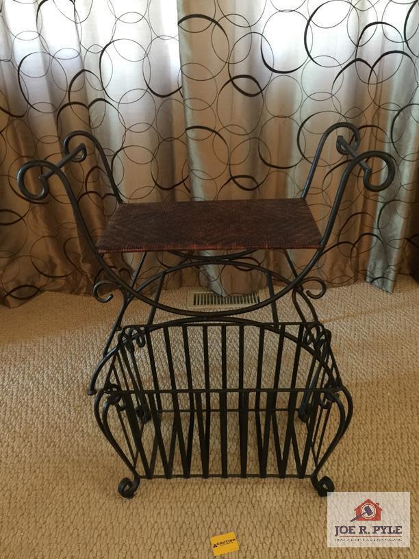 Lot: rod iron bench and magazine rack