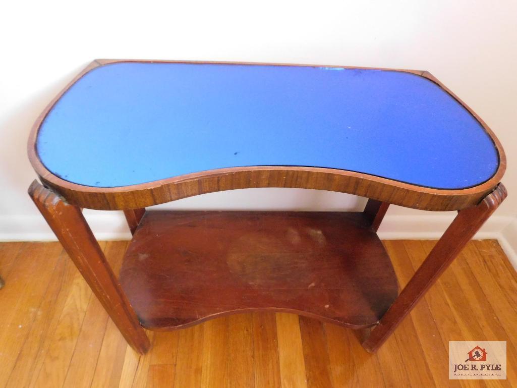 Antique blue mirrored kidney shaped table