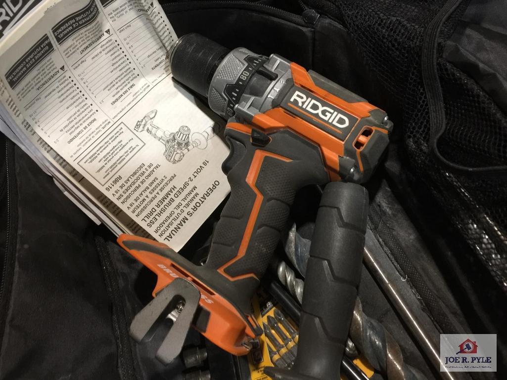 RIDGID drills, saw, hand router, batteries, chargers, toolbox, JOB MAX hand tools, etc.