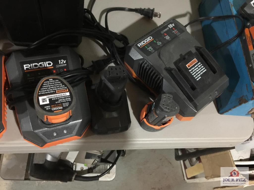 RIDGID drills, saw, hand router, batteries, chargers, toolbox, JOB MAX hand tools, etc.