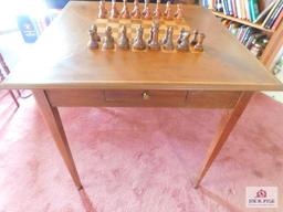 Hand crafted , swivel top chess table, with drawer and chess pieces