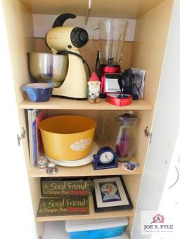 Cabinet and contents: Blender, vintage cake plate, decorative items, tools