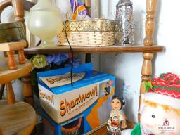 Corner stand, decorative items, towels, hamper, vase