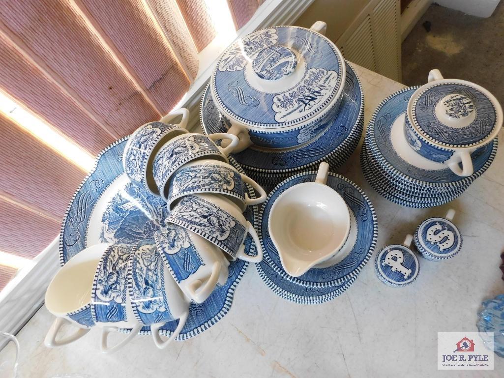 Blue & white dinnerware sugar, creamer, salt, pepper, covered veg