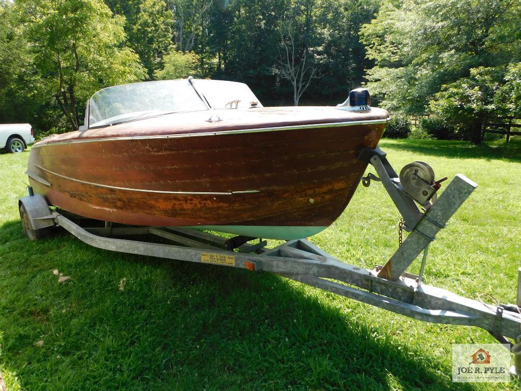 All wood boat/trailer, inboard motor, 8 cylinder gray marine engine