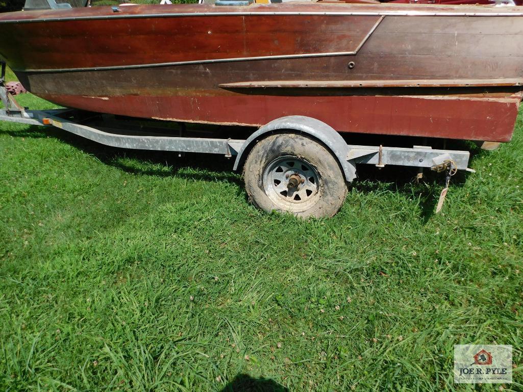 All wood boat/trailer, inboard motor, 8 cylinder gray marine engine