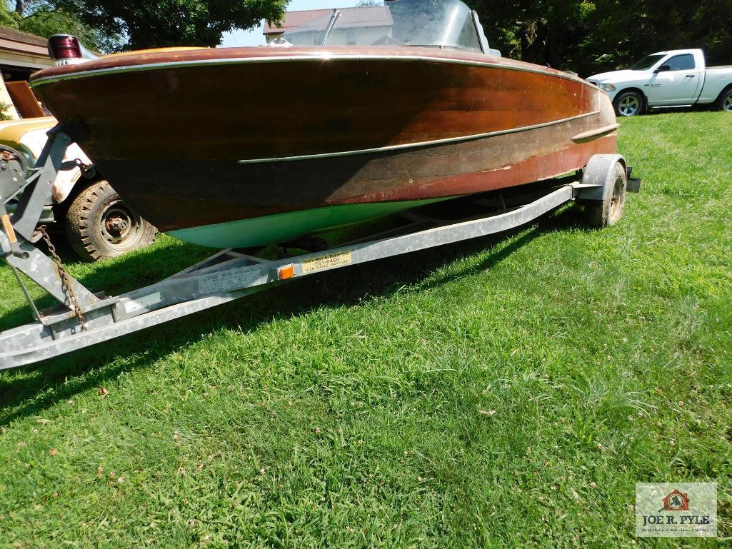All wood boat/trailer, inboard motor, 8 cylinder gray marine engine