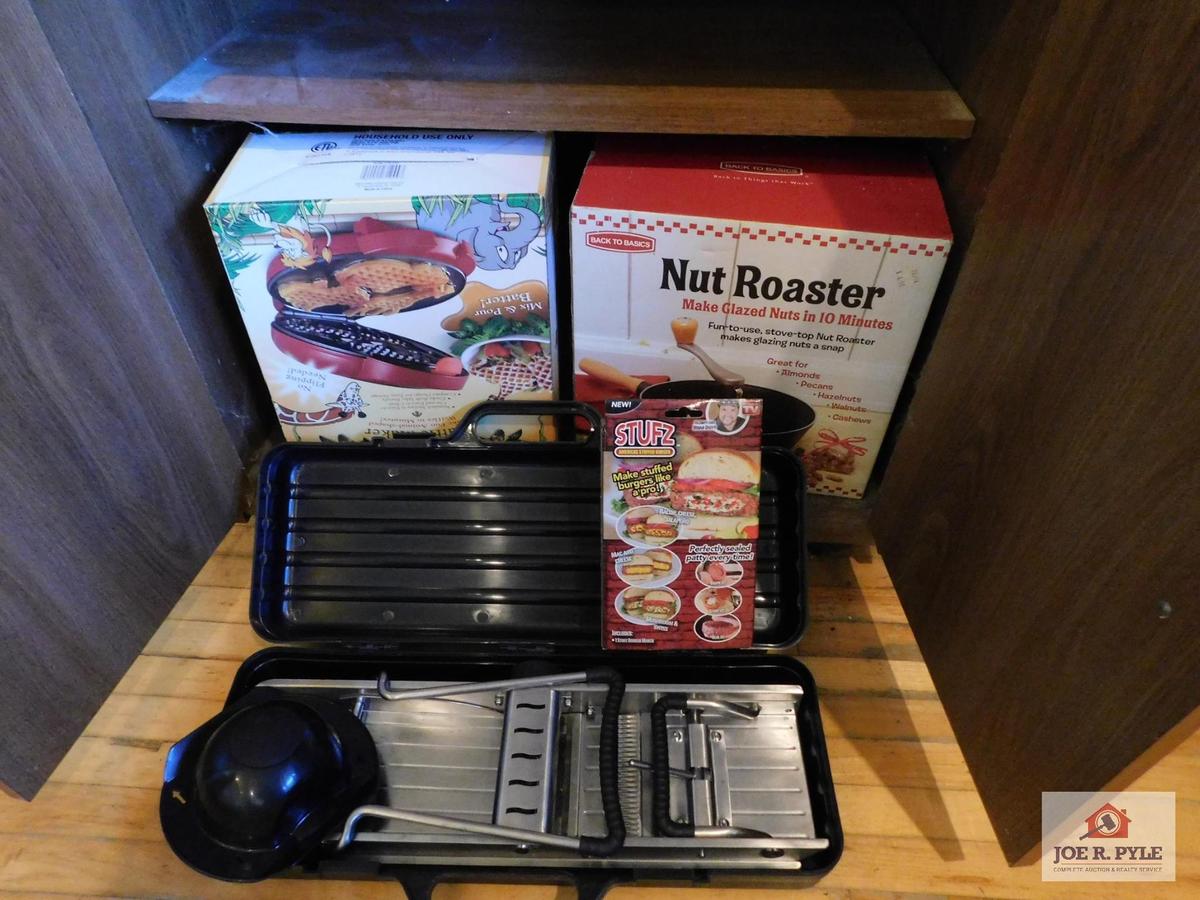 Waffle maker, Back to Basics nut roaster, mandolin slicer & Stufz burger stuffer
