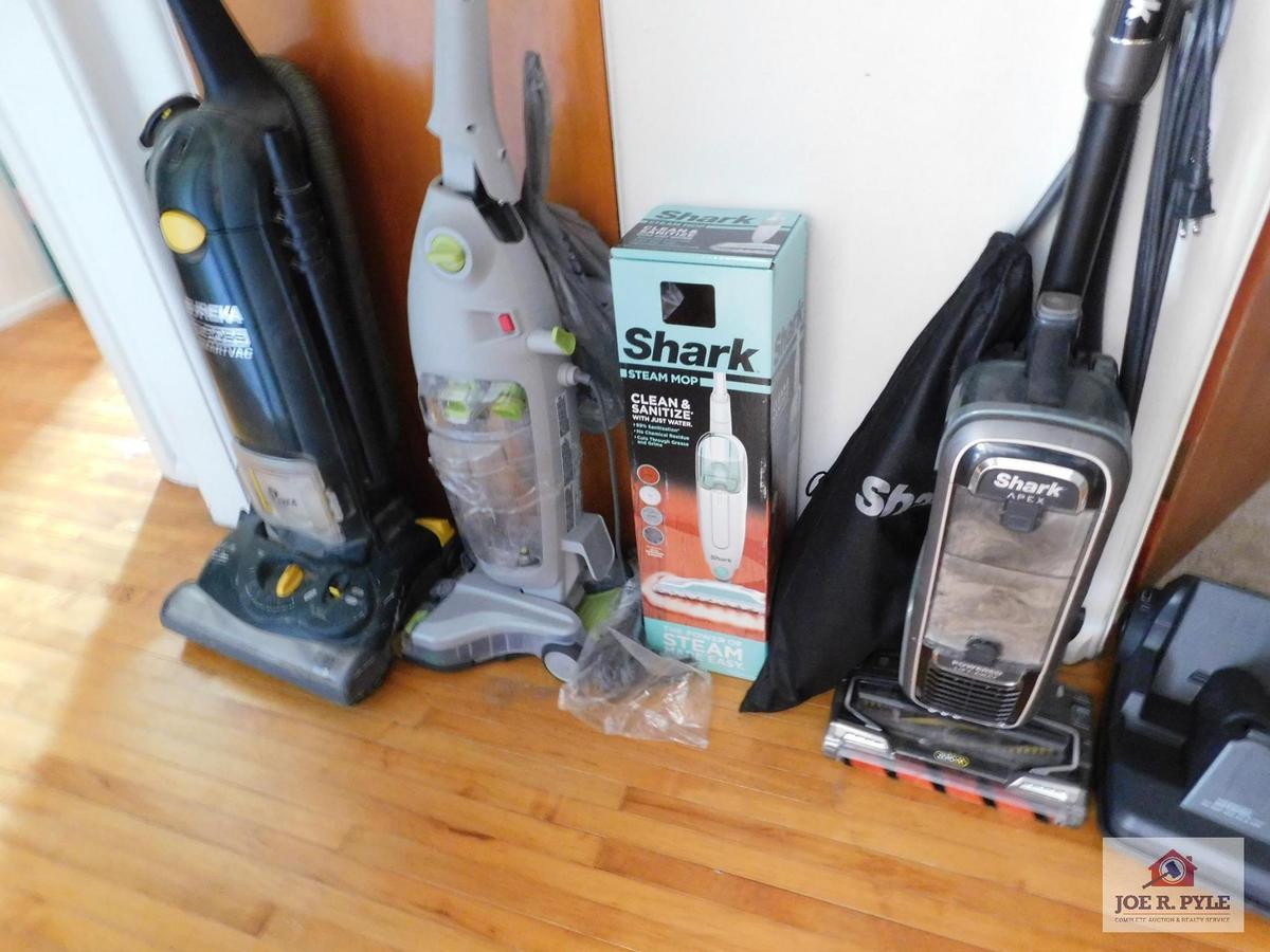 Shark Steam Mop Clean & Sanitize, Shark Apex vacuum with attachments, Hoover carpet cleaner and