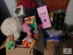 Contents of shelves and children's toys, puzzles and stuffed animals, collection of purses, curtain
